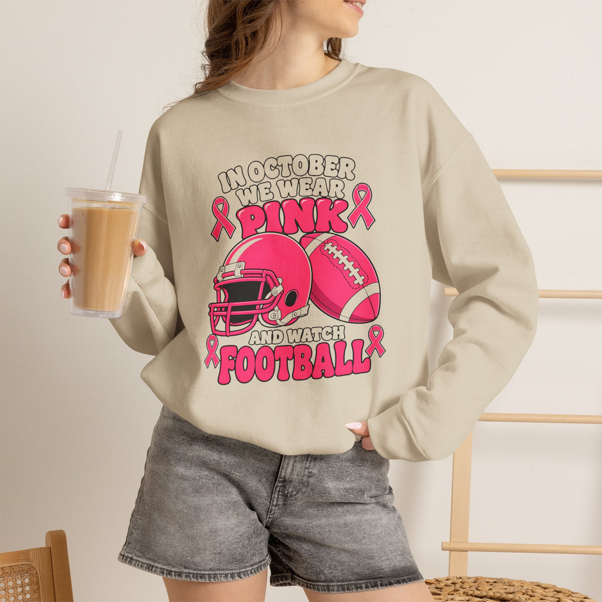 Breast Cancer Awareness Sweatshirt – In October We Wear Pink and Watch Football Crewneck
