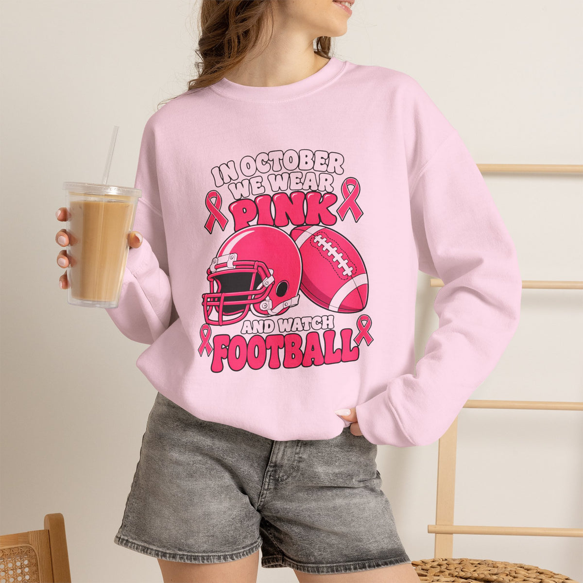 Breast Cancer Awareness Sweatshirt – In October We Wear Pink and Watch Football Crewneck