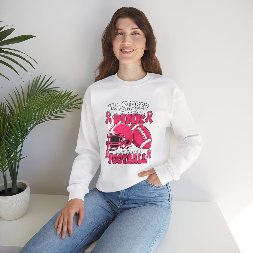 Breast Cancer Awareness Sweatshirt – In October We Wear Pink and Watch Football Crewneck