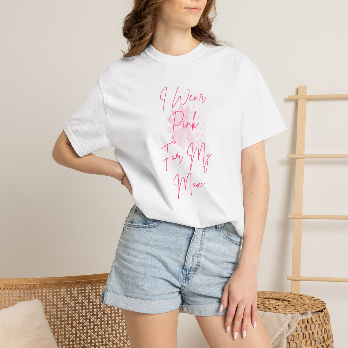 Personalized I Wear Pink For My Shirt | Breast Cancer Awareness T-Shirt | Custom Mom, Nana, Sister, Aunt or Name Pink Ribbon Tee