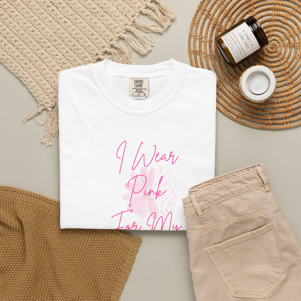 Personalized I Wear Pink For My Shirt | Breast Cancer Awareness T-Shirt | Custom Mom, Nana, Sister, Aunt or Name Pink Ribbon Tee