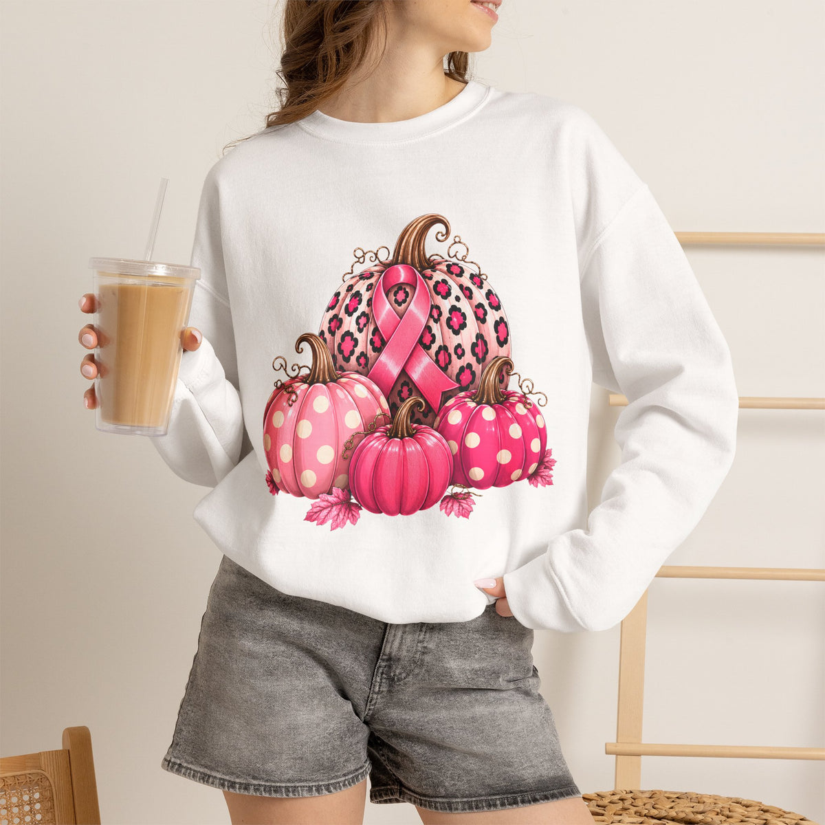 Breast Cancer Awareness Sweatshirt – Pink Leopard Pumpkin Fall Crewneck