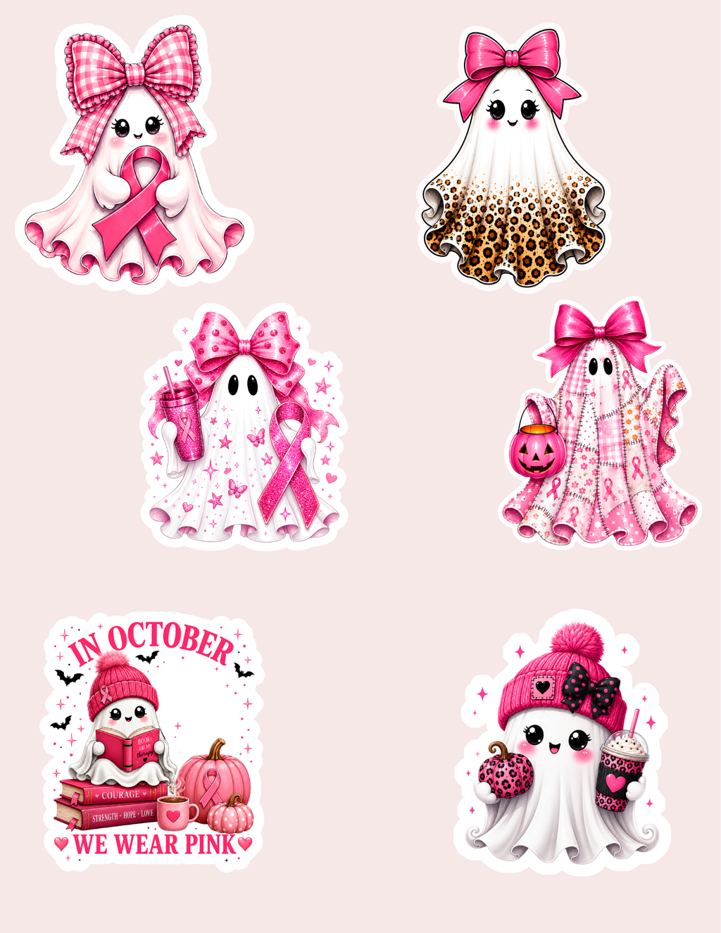 Breast Cancer Awareness Halloween Sticker Sheet – Pink Boo Ghost 6-Pack Vinyl Stickers