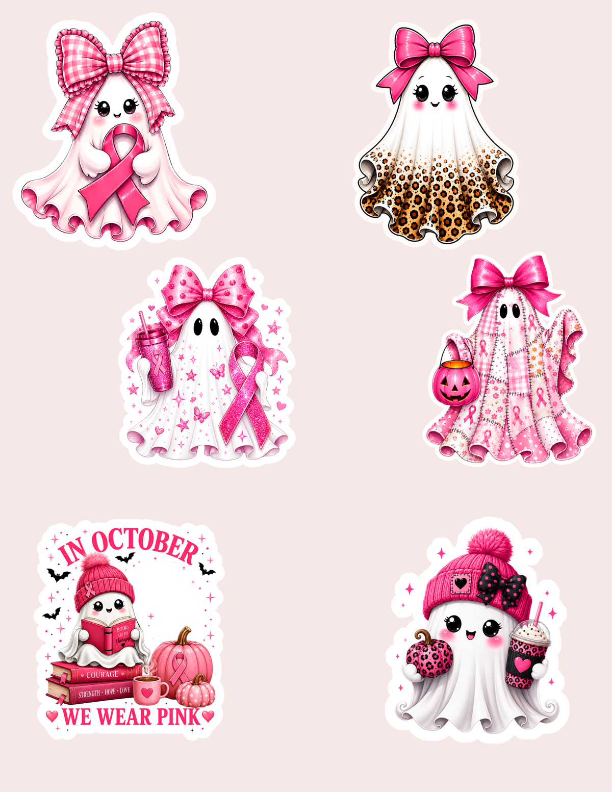 Breast Cancer Awareness Halloween Sticker Sheet – Pink Boo Ghost 6-Pack Vinyl Stickers