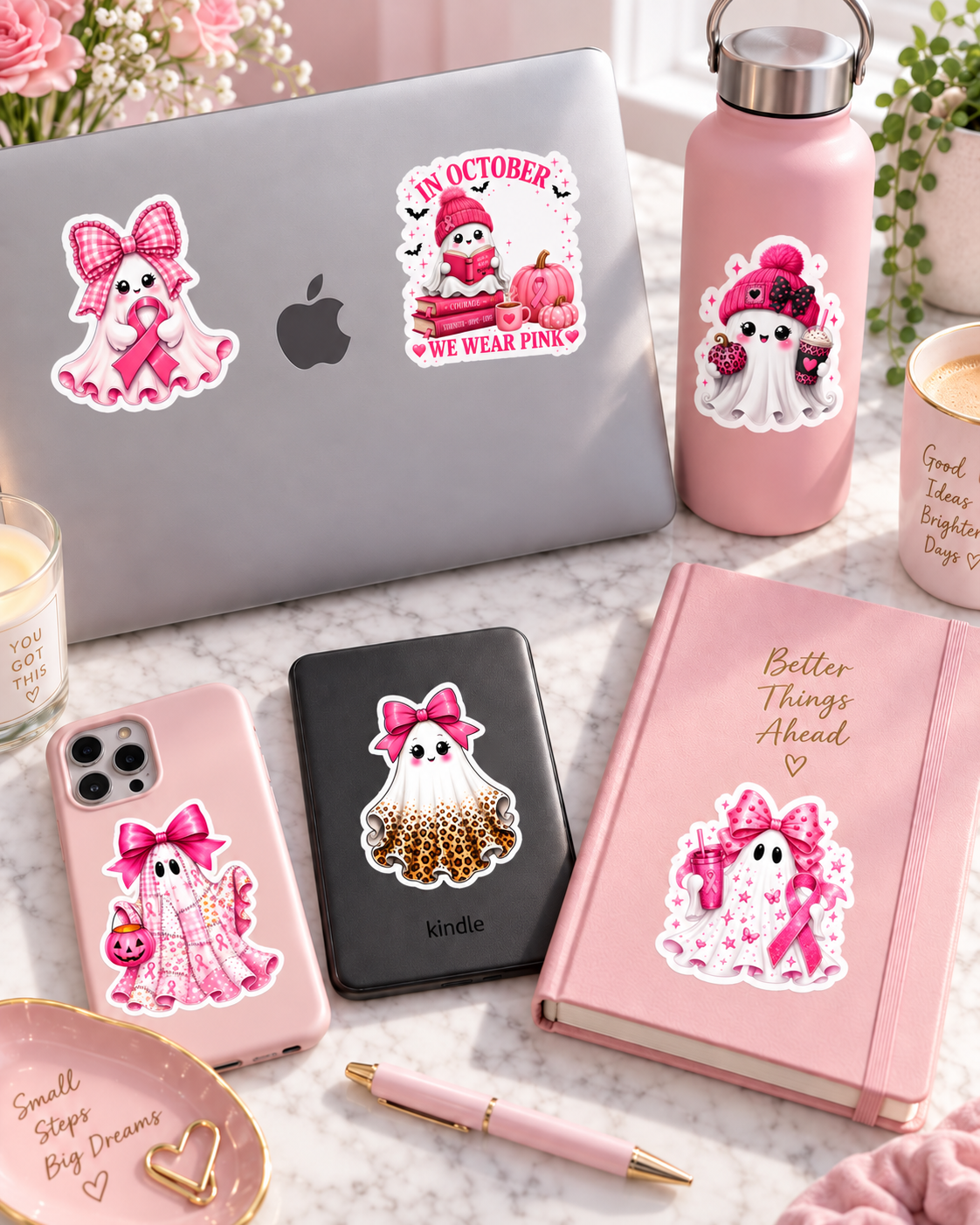 Breast Cancer Awareness Halloween Sticker Sheet – Pink Boo Ghost 6-Pack Vinyl Stickers
